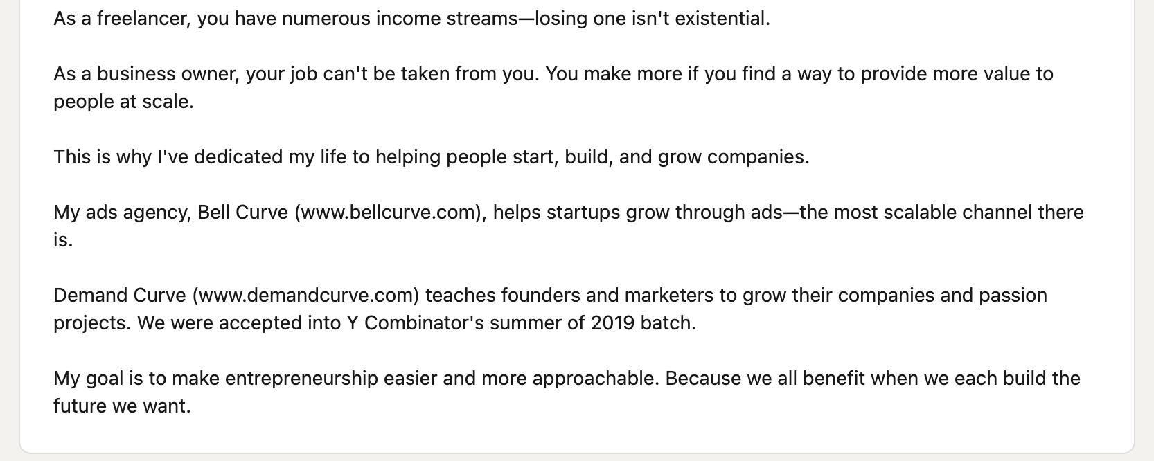 An outline of Neal O’Grady’s offered services in his LinkedIn profile About section
