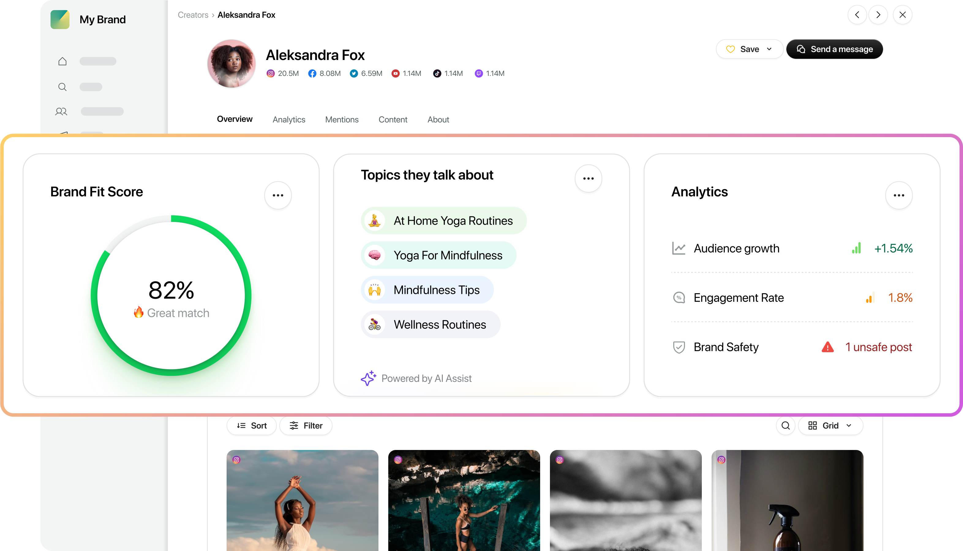Influencer Marketing by Sprout Social dashboard showing an influencer's Brand Fit Score based on your brand's needs.