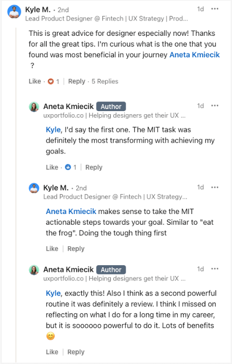 A screenshot of a conversation in a LinkedIn comment section