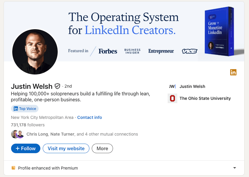 A screenshot of Justin Welsh’s LinkedIn Profile section