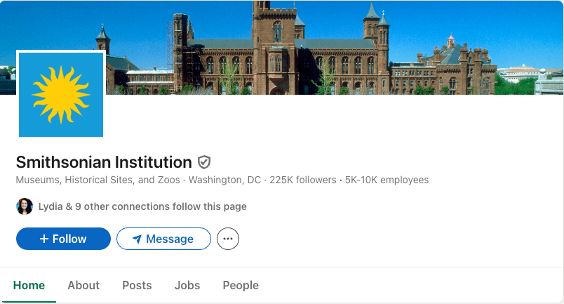 A screenshot of The Smithsonian Institution LinkedIn Page profile
