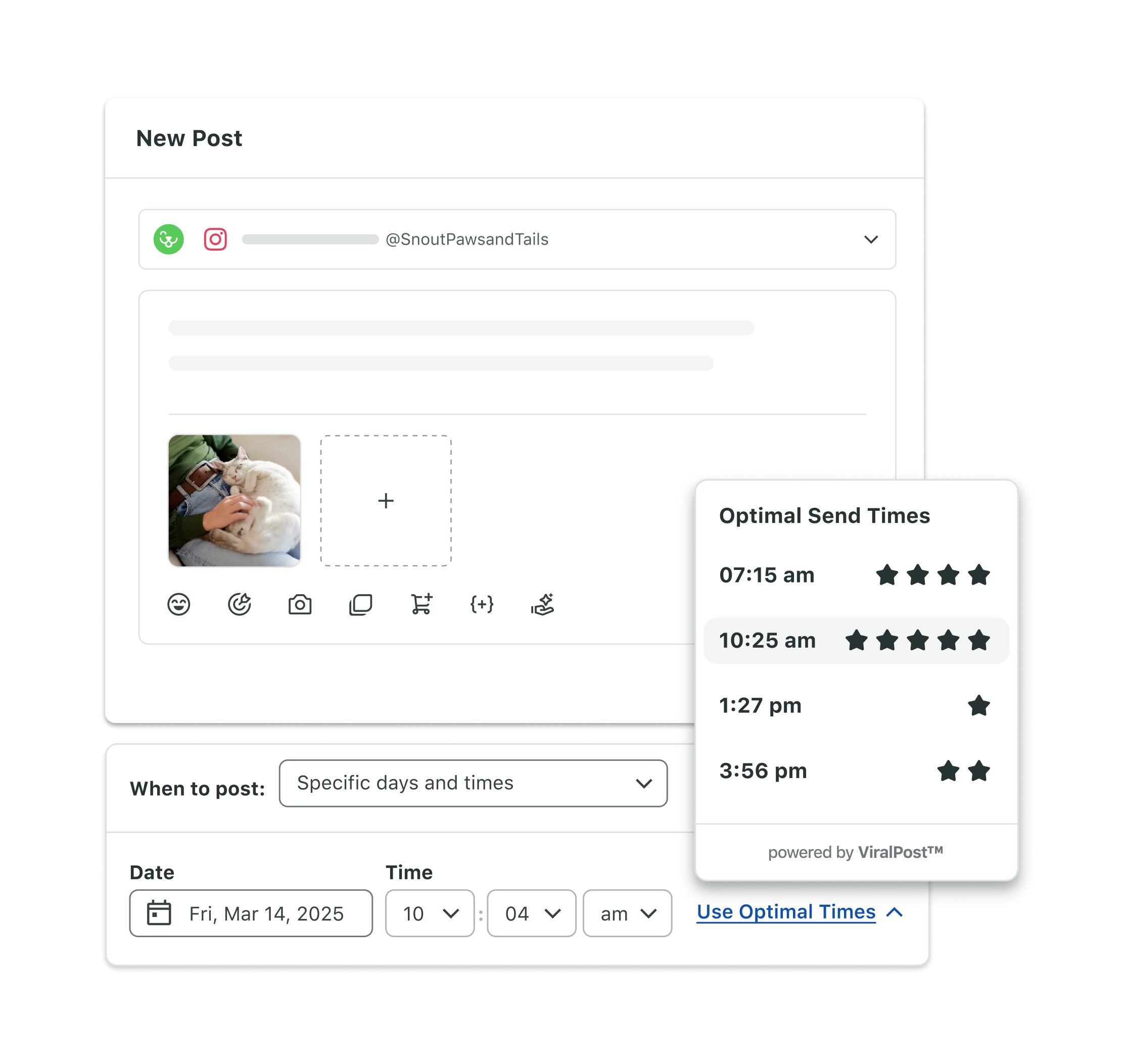 Graphic showing Sprout Social's Optimal Send Times feature for scheduling a Instagram post at the best recommended time for your brand.
